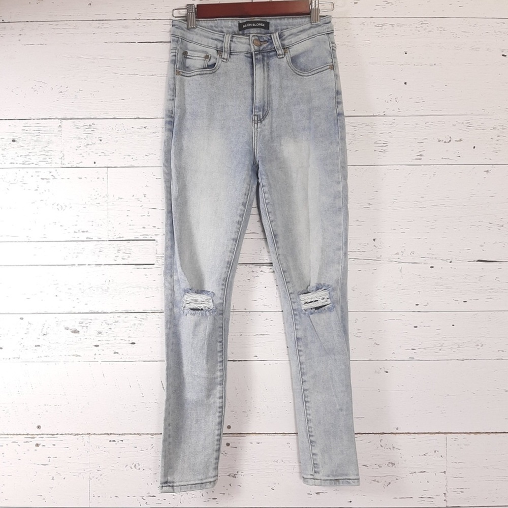 NEON BLONDE Bombshell High Rise Skinny Jeans Light Wash Distressed Size 27‌‌‌‌‌‌